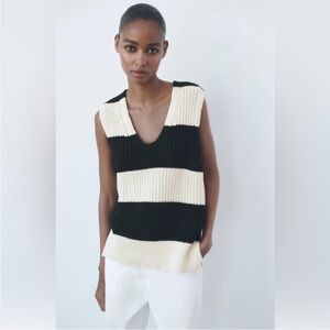 Zara Womens Knit Sweater Vest Striped Blue Cream Casual Streetwear EUC Size - L